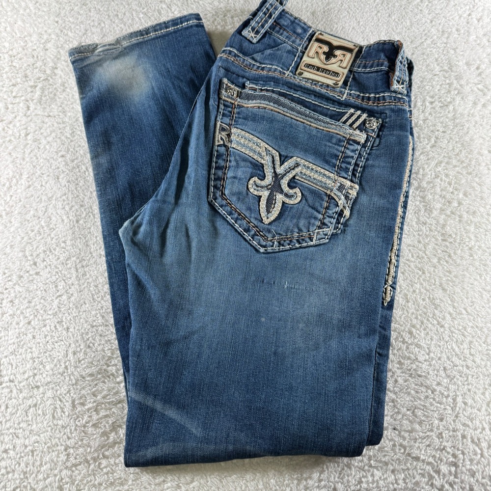 Rock Revival Alt Straight Jeans Mens Size 36z33 Distressed‎ Thick Stitch Denim